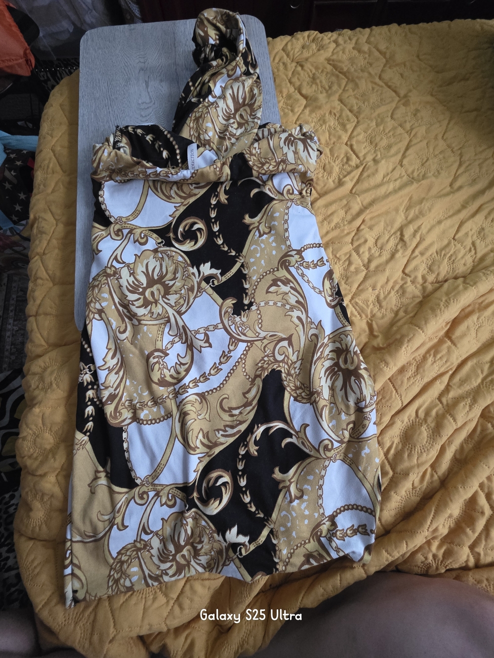 Women's Mini Dress in Black, White & Gold Baroque Print